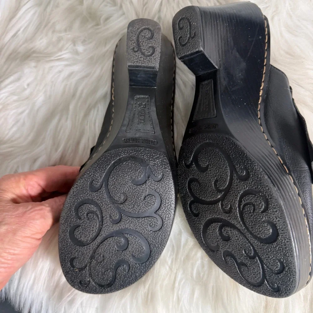 Born Black‎ Leather Peep Toe Wedge Mules Sandals W3098 Womens 9 40.5